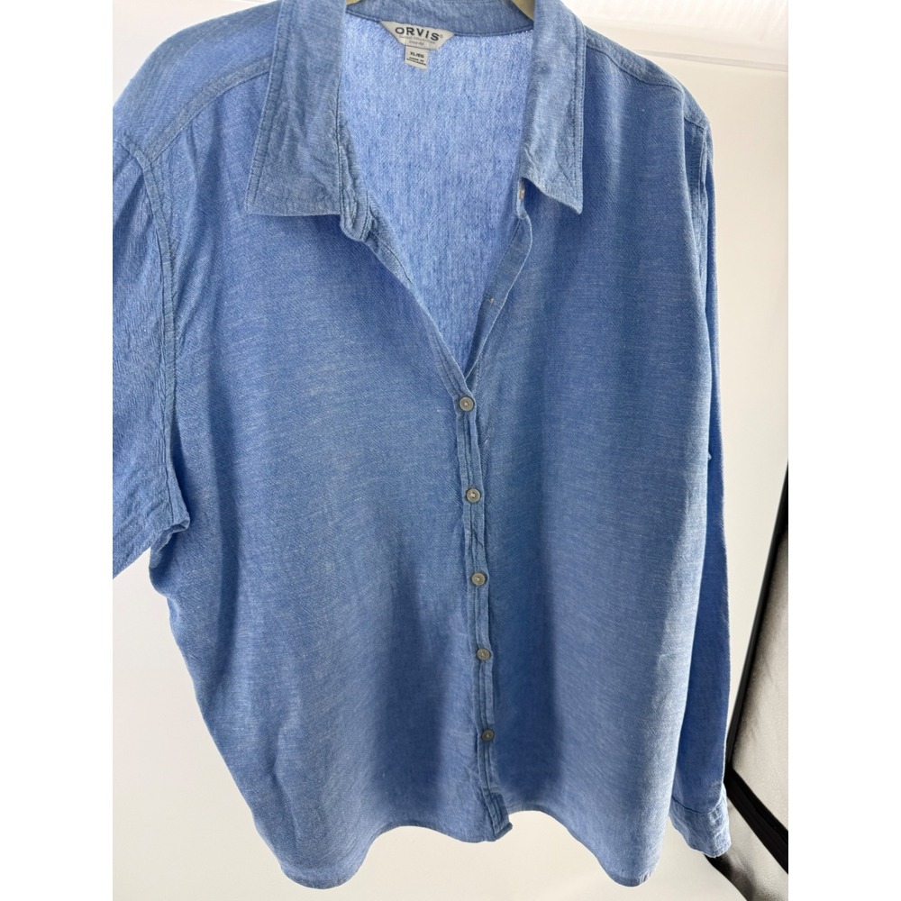 Orvis Womens Light Blue Button Down Shirt Long Sleeve Chambray & Linen Style XL